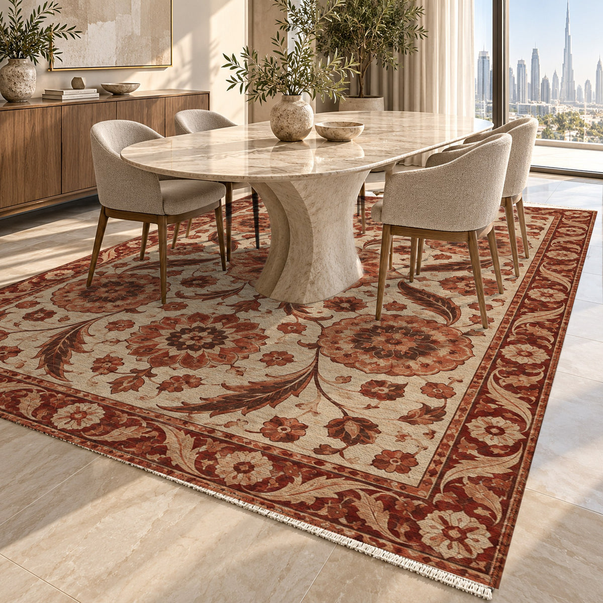 Ottoman Rosettes Rust Sand Classic Washable Rug — dubai dining