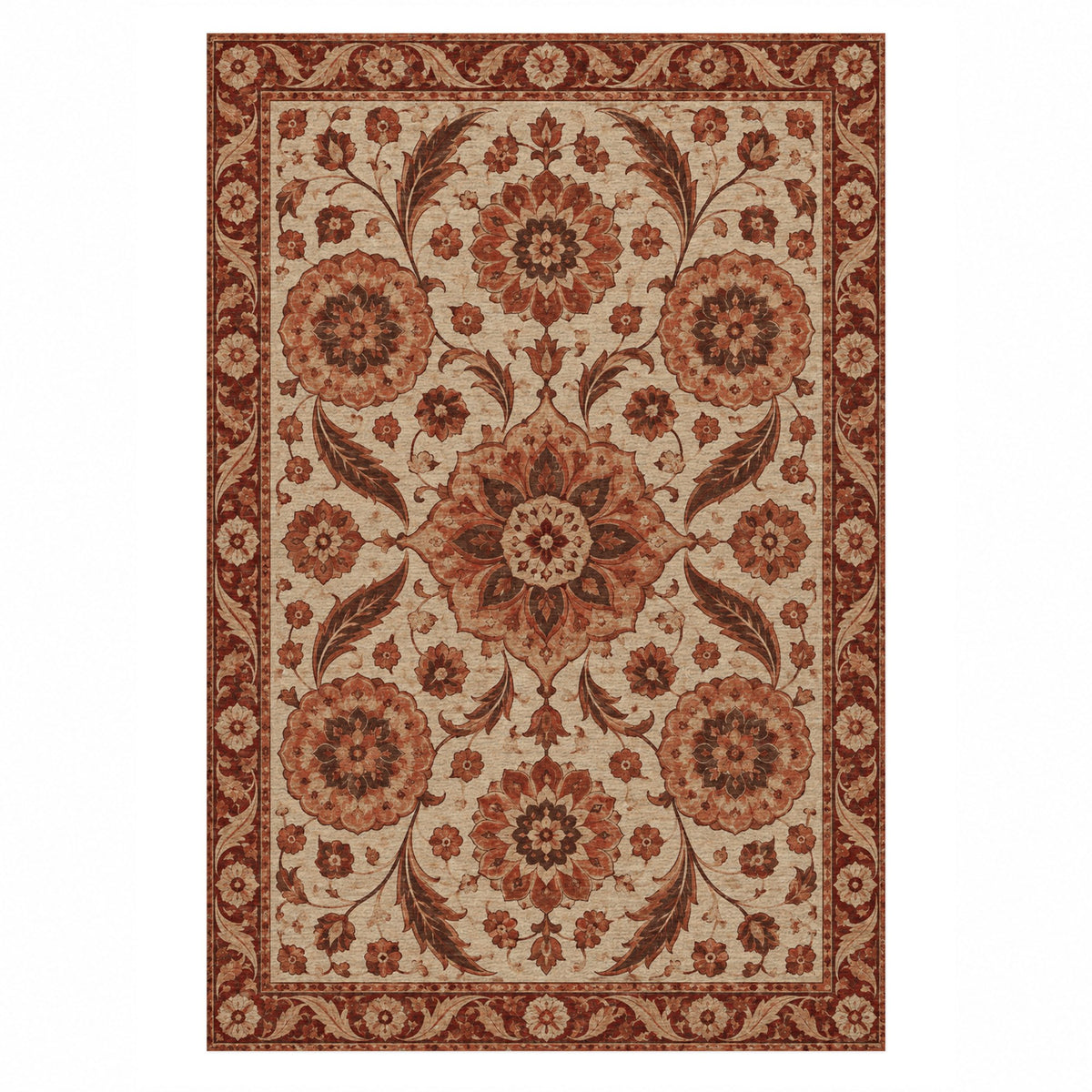 Ottoman Rosettes Rust Sand Classic Washable Rug — top view