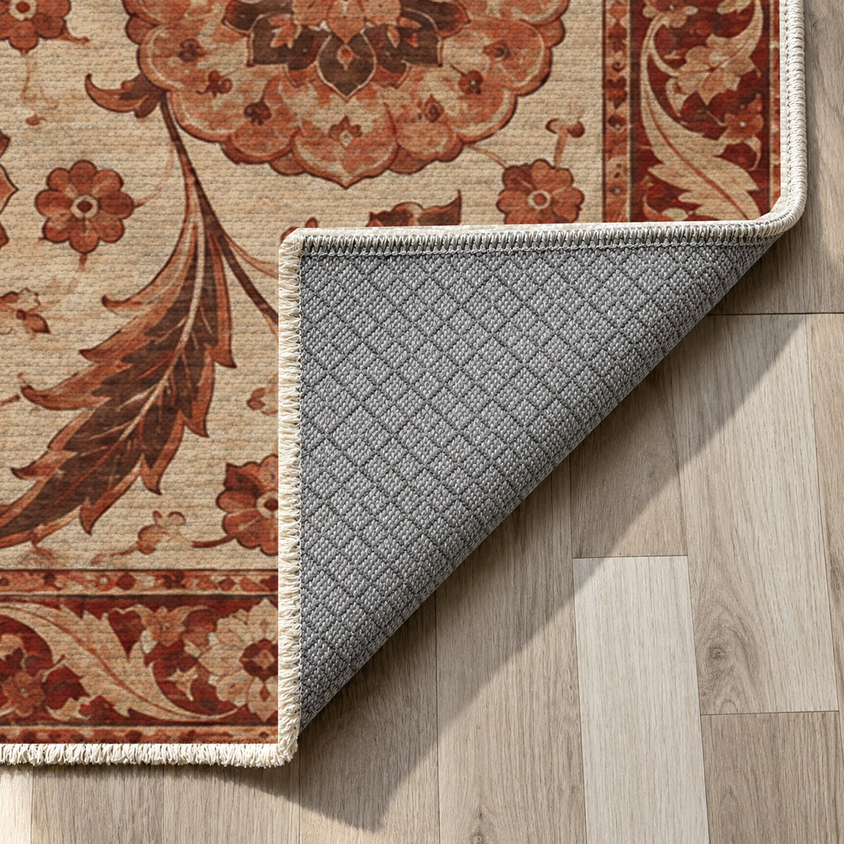 Ottoman Rosettes Rust Sand Classic Washable Rug — backing close up