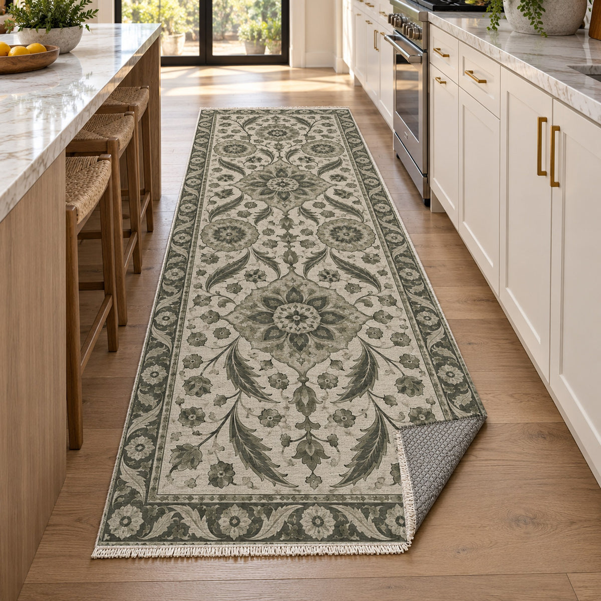 Ottoman Rosettes Sage Stone Classic Washable Rug — new york kitchen runner