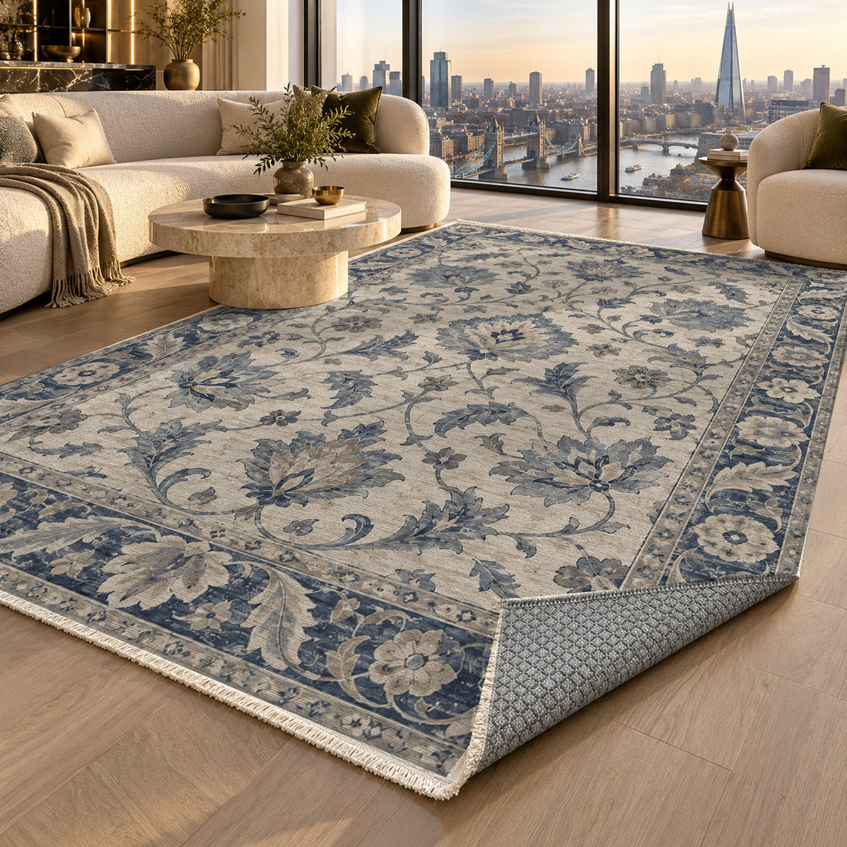 Oushak Garden Blue Ivory Classic Washable Rug — london luxury living