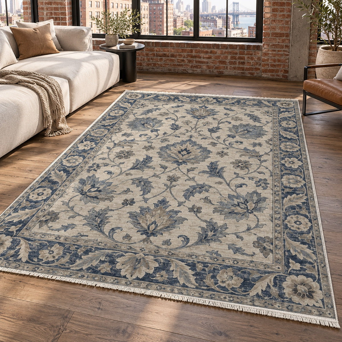 Oushak Garden Blue Ivory Classic Washable Rug — new york living