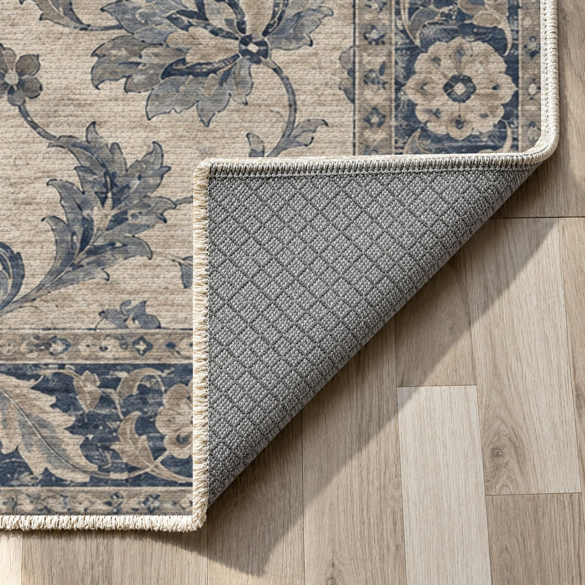 Oushak Garden Blue Ivory Classic Washable Rug — backing close up