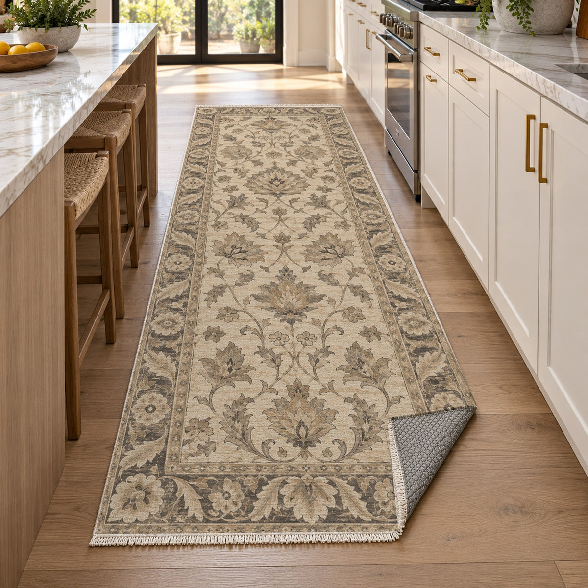 Oushak Garden Ivory Taupe Classic Washable Rug — new york kitchen runner