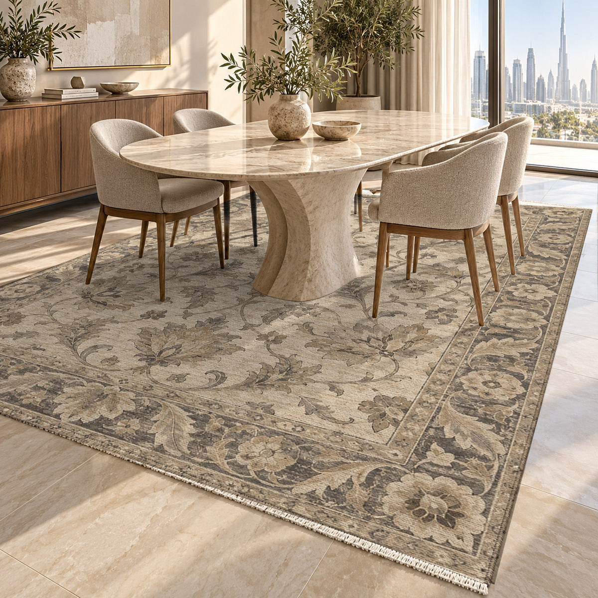 Oushak Garden Ivory Taupe Classic Washable Rug — dubai dining