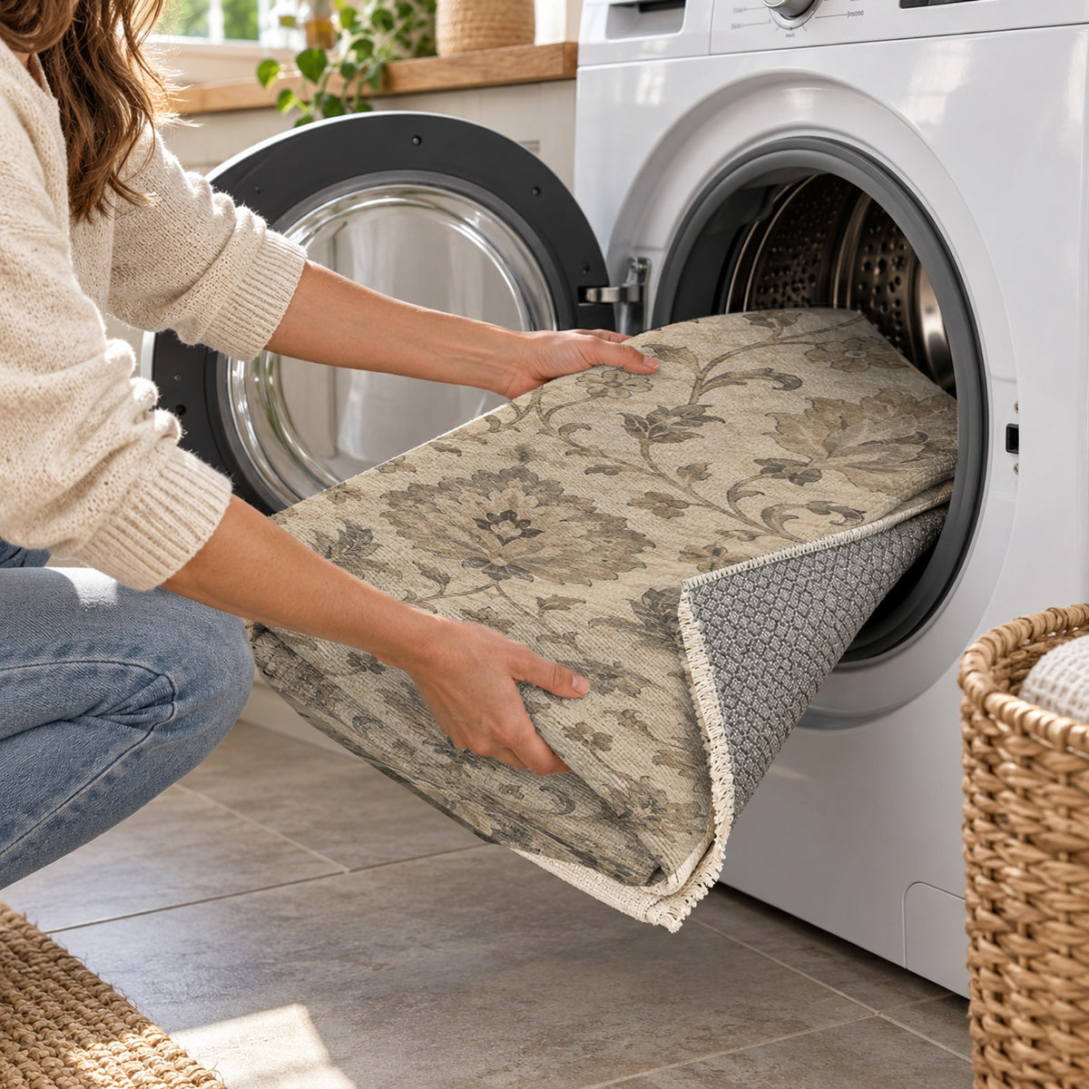 Oushak Garden Ivory Taupe Classic Washable Rug — washing machine