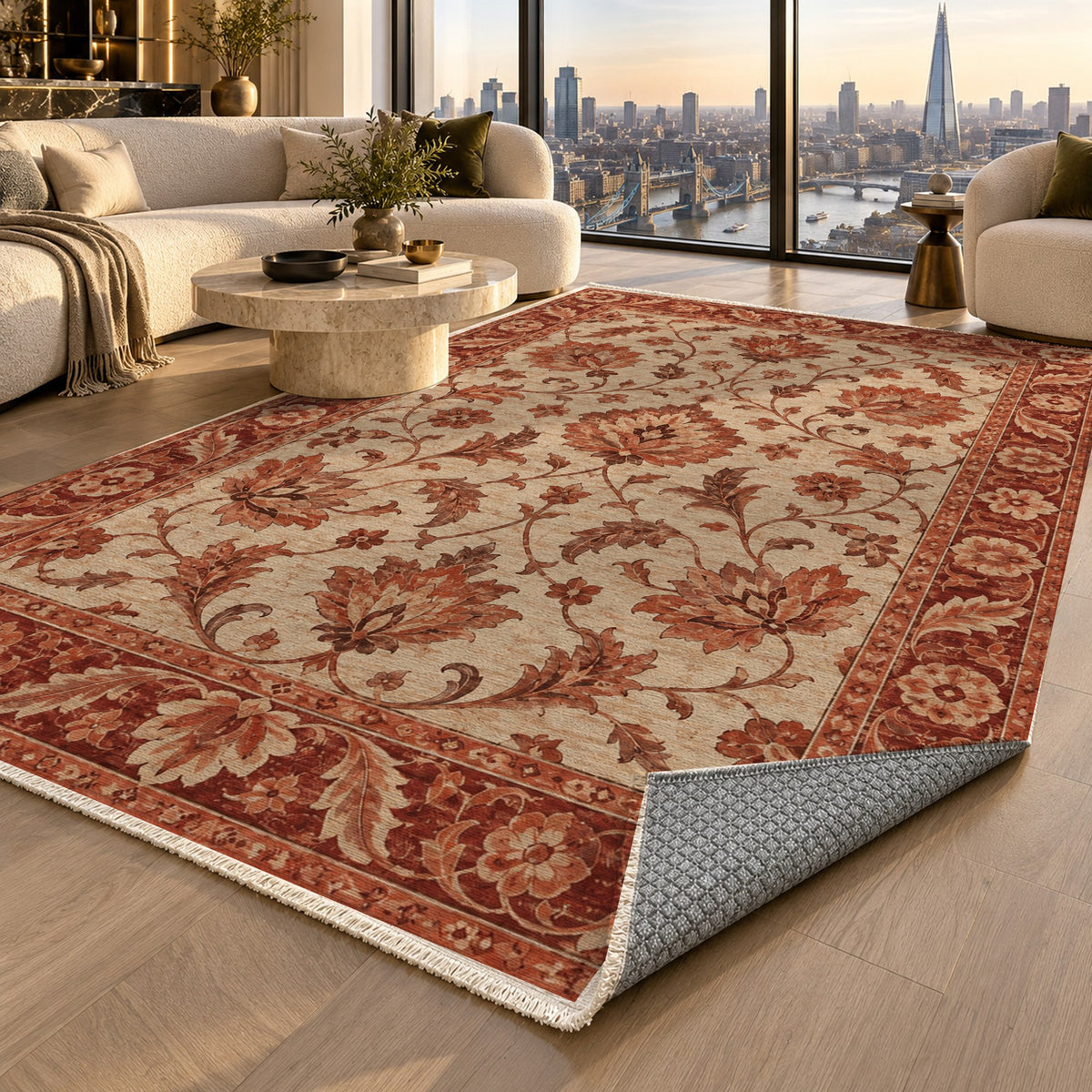 Oushak Garden Rust Sand Classic Washable Rug — london luxury living