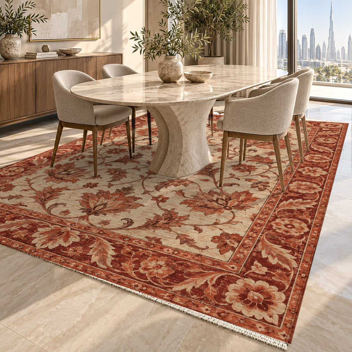 Oushak Garden Rust Sand Classic Washable Rug — dubai dining