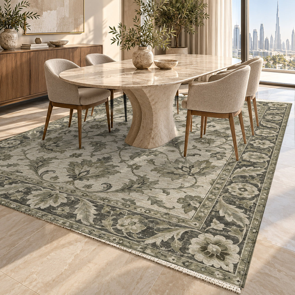 Oushak Garden Sage Stone Classic Washable Rug — dubai dining