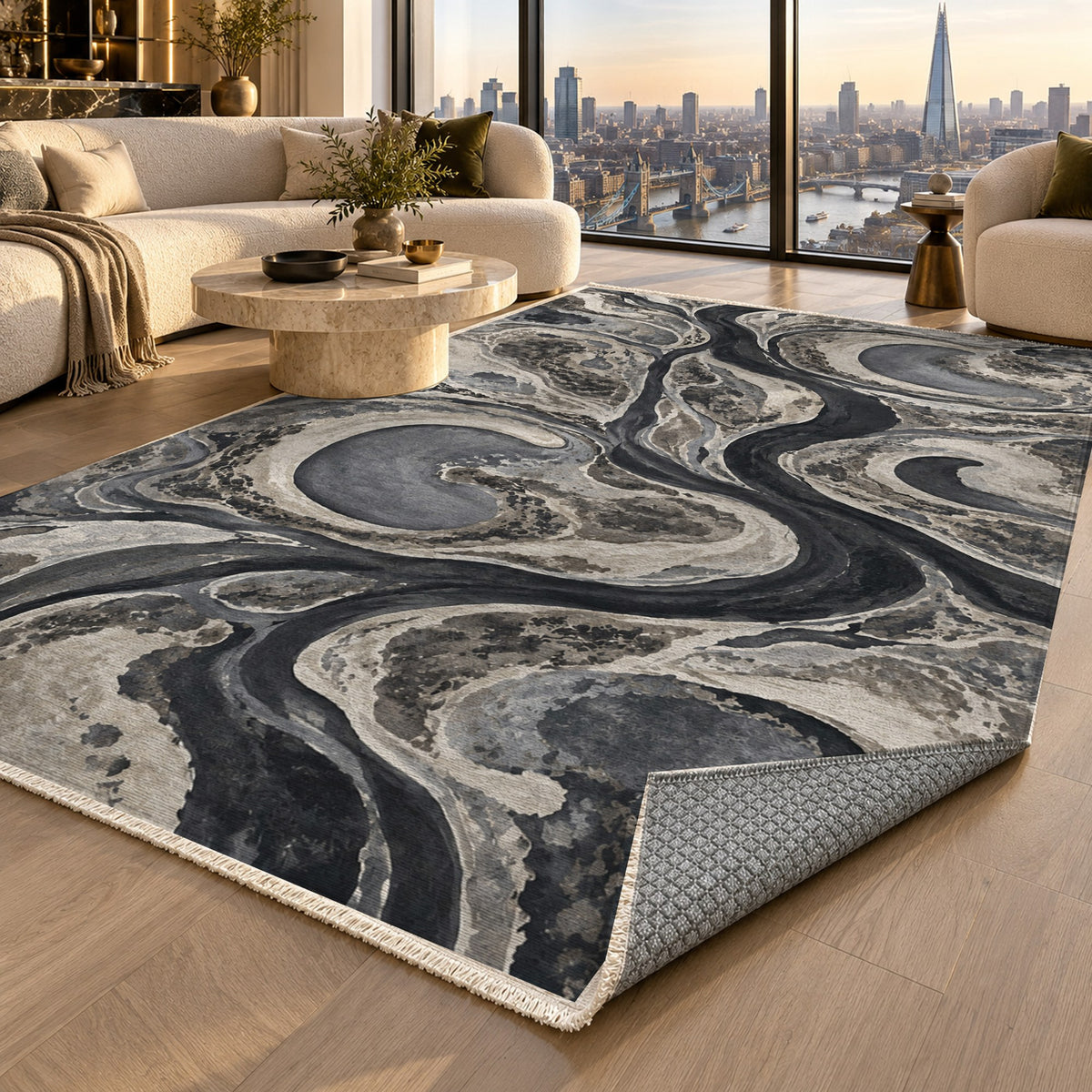 Ox Bow Lakes Charcoal Abstract Washable Rug — london luxury living