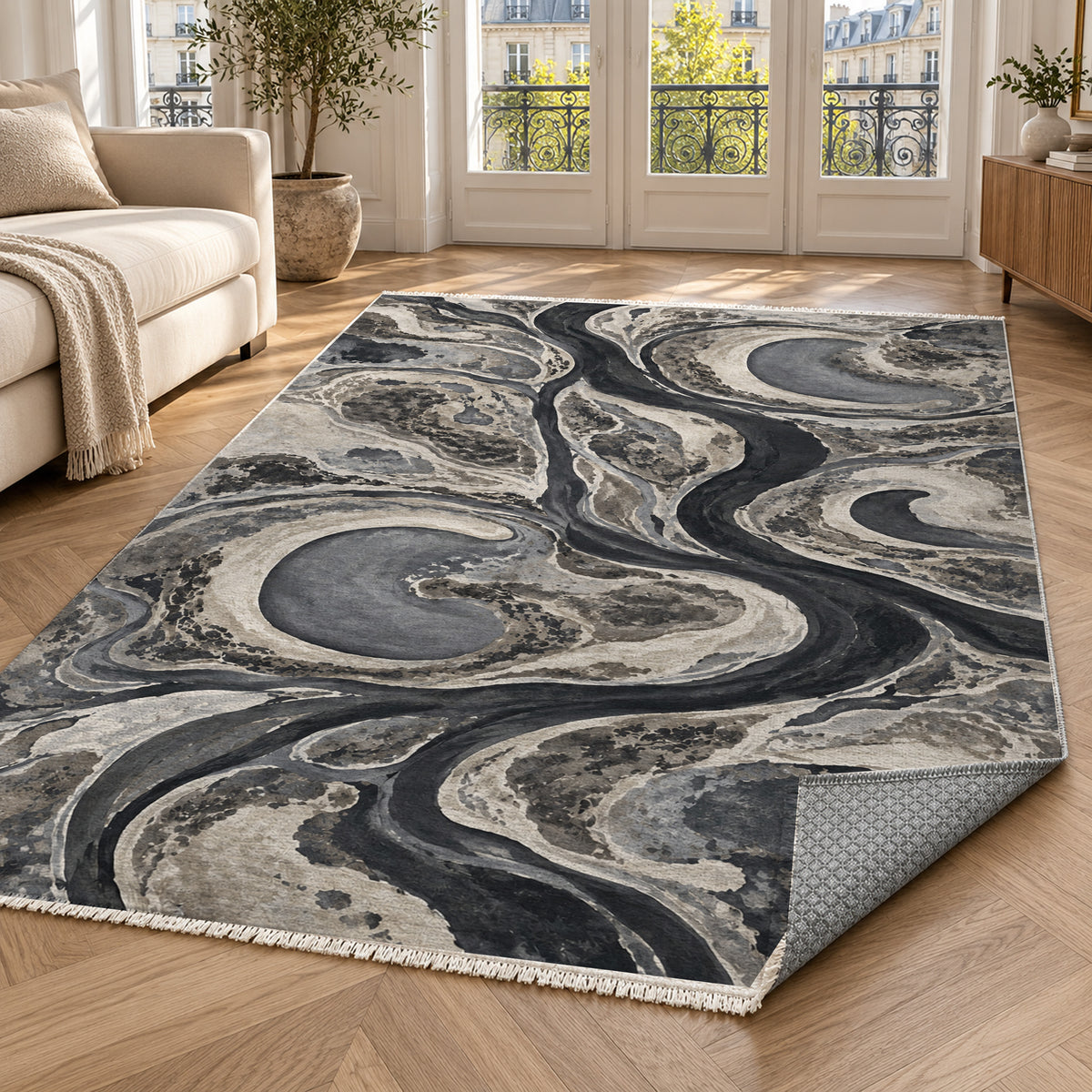 Ox Bow Lakes Charcoal Abstract Washable Rug — paris living