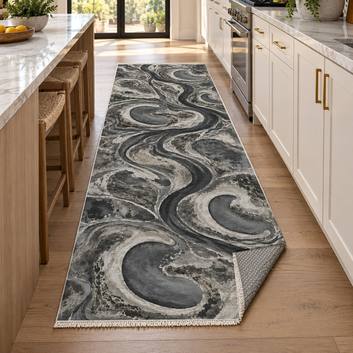Ox Bow Lakes Charcoal Abstract Washable Rug — new york kitchen runner