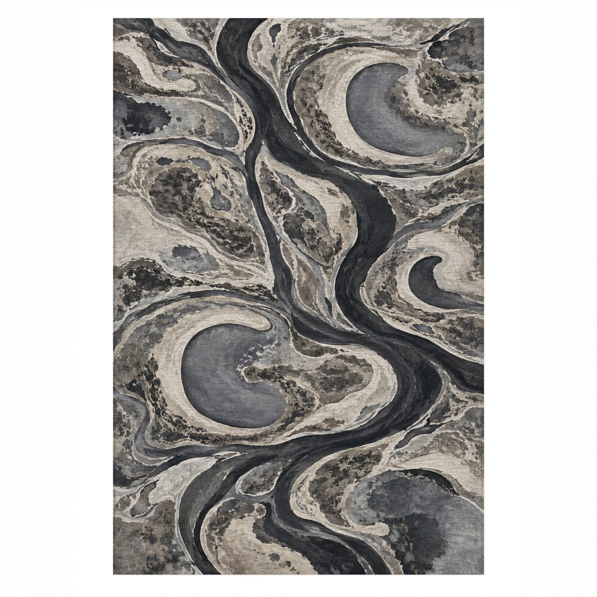 Ox Bow Lakes Charcoal Abstract Washable Rug — top view