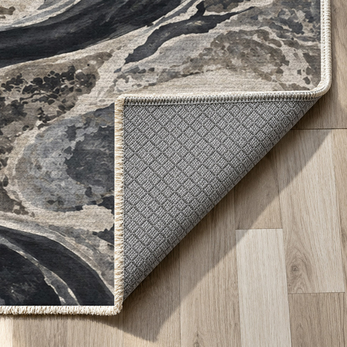 Ox Bow Lakes Charcoal Abstract Washable Rug — backing close up