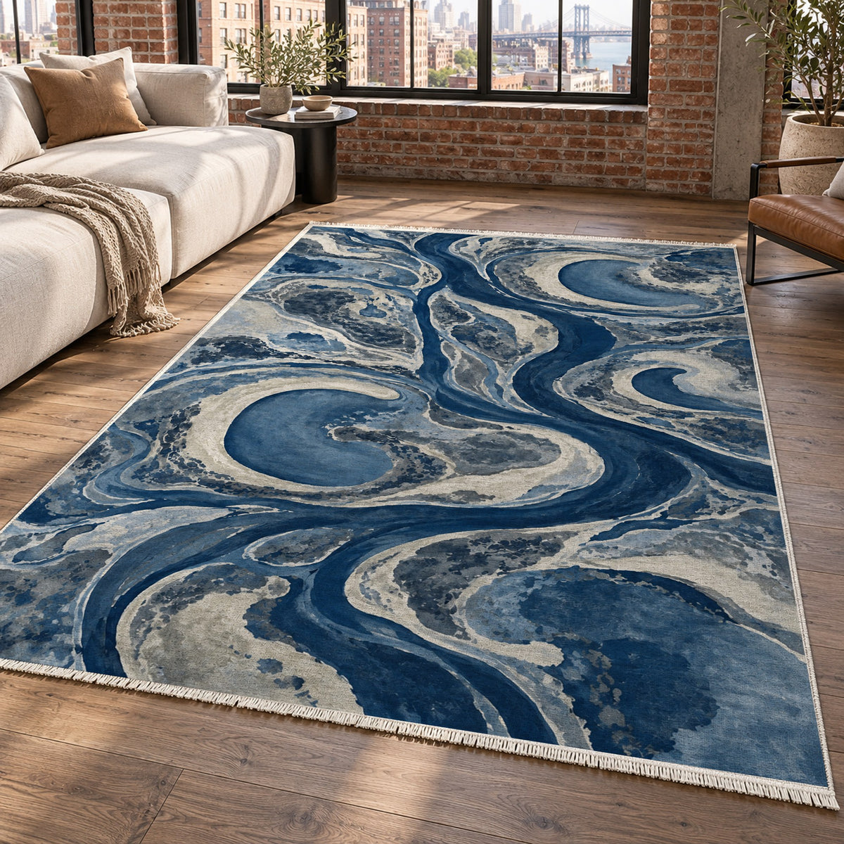 Ox Bow Lakes Indigo Abstract Washable Rug — new york living