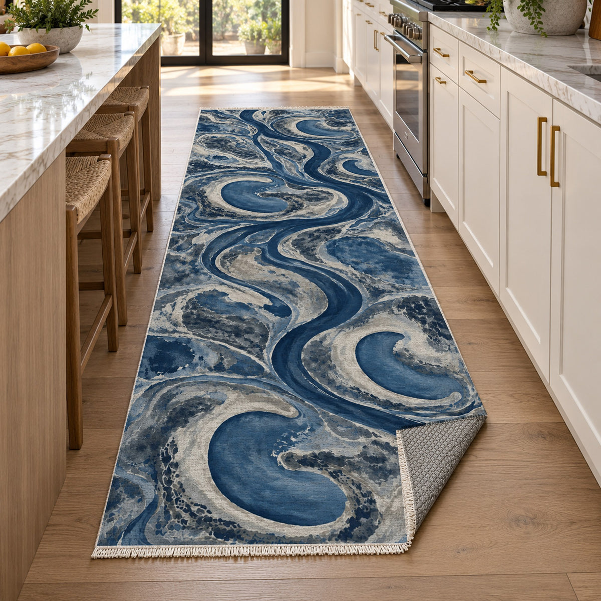 Ox Bow Lakes Indigo Abstract Washable Rug — new york kitchen runner