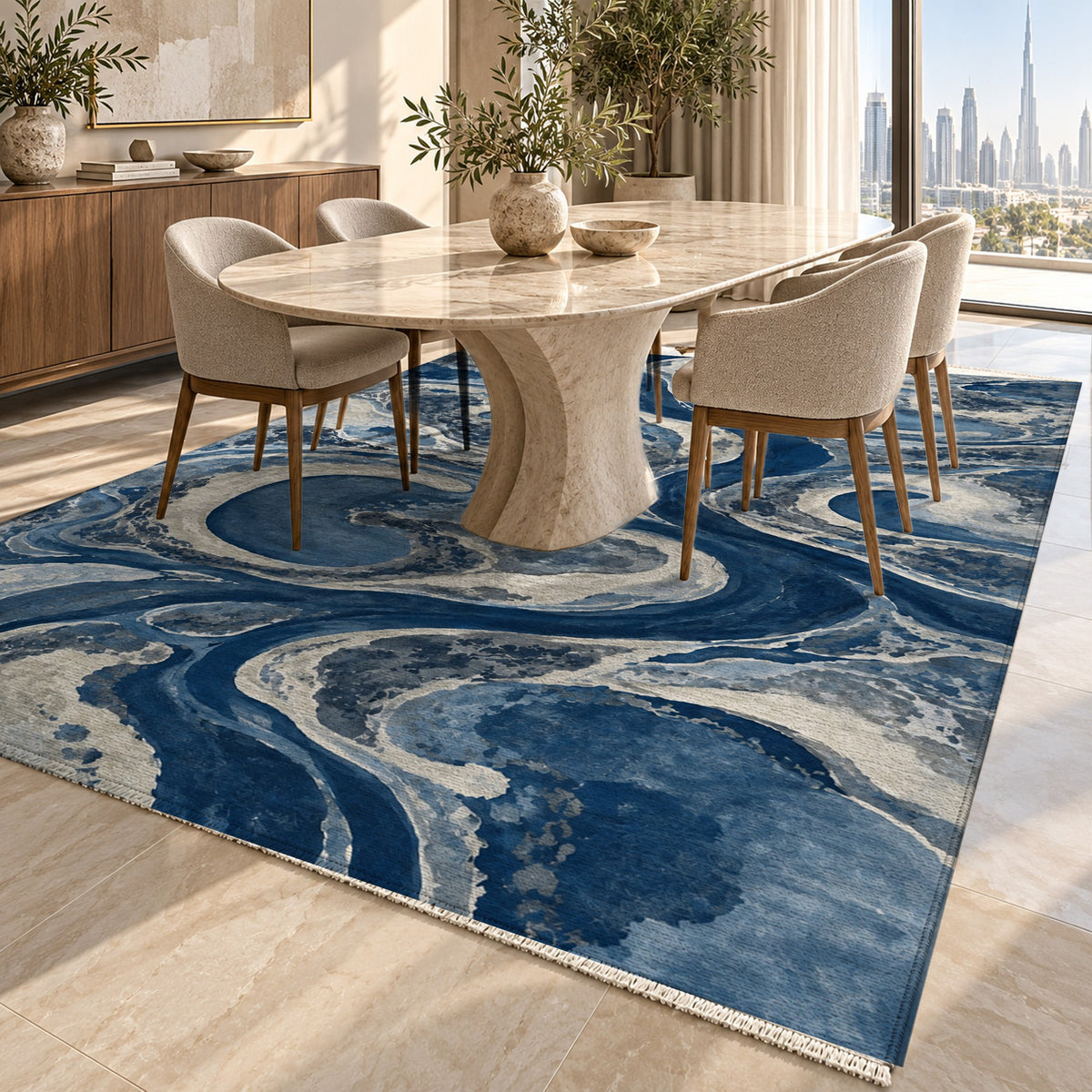 Ox Bow Lakes Indigo Abstract Washable Rug — dubai dining