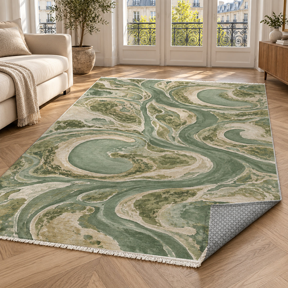 Ox Bow Lakes Sage Abstract Washable Rug — paris living