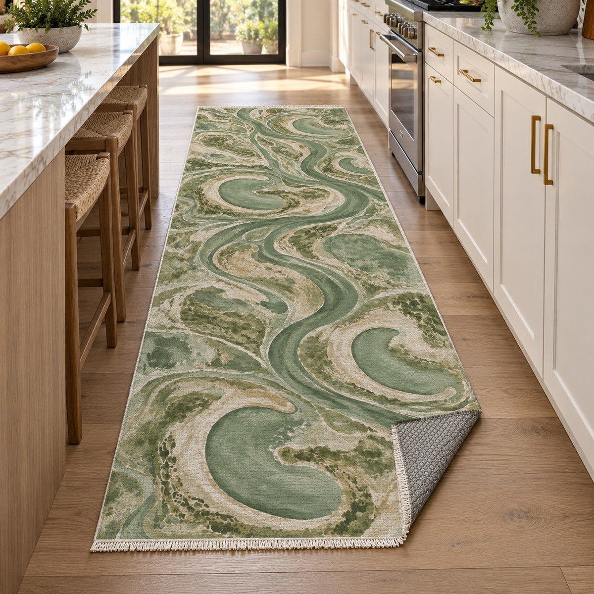 Ox Bow Lakes Sage Abstract Washable Rug — new york kitchen runner