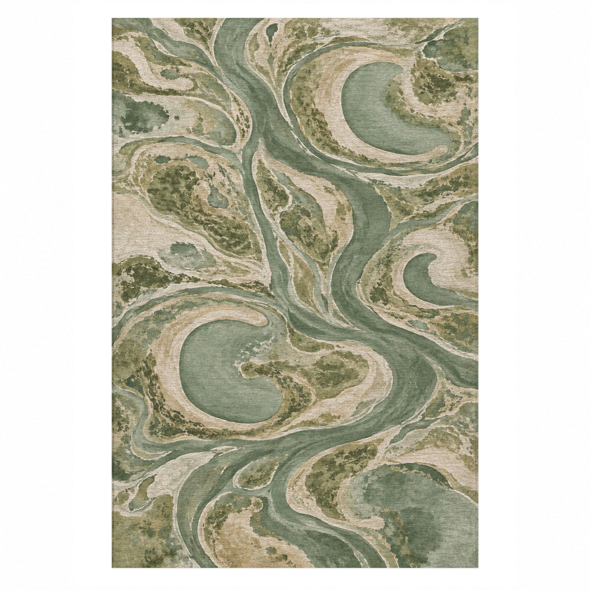Ox Bow Lakes Sage Abstract Washable Rug — top view