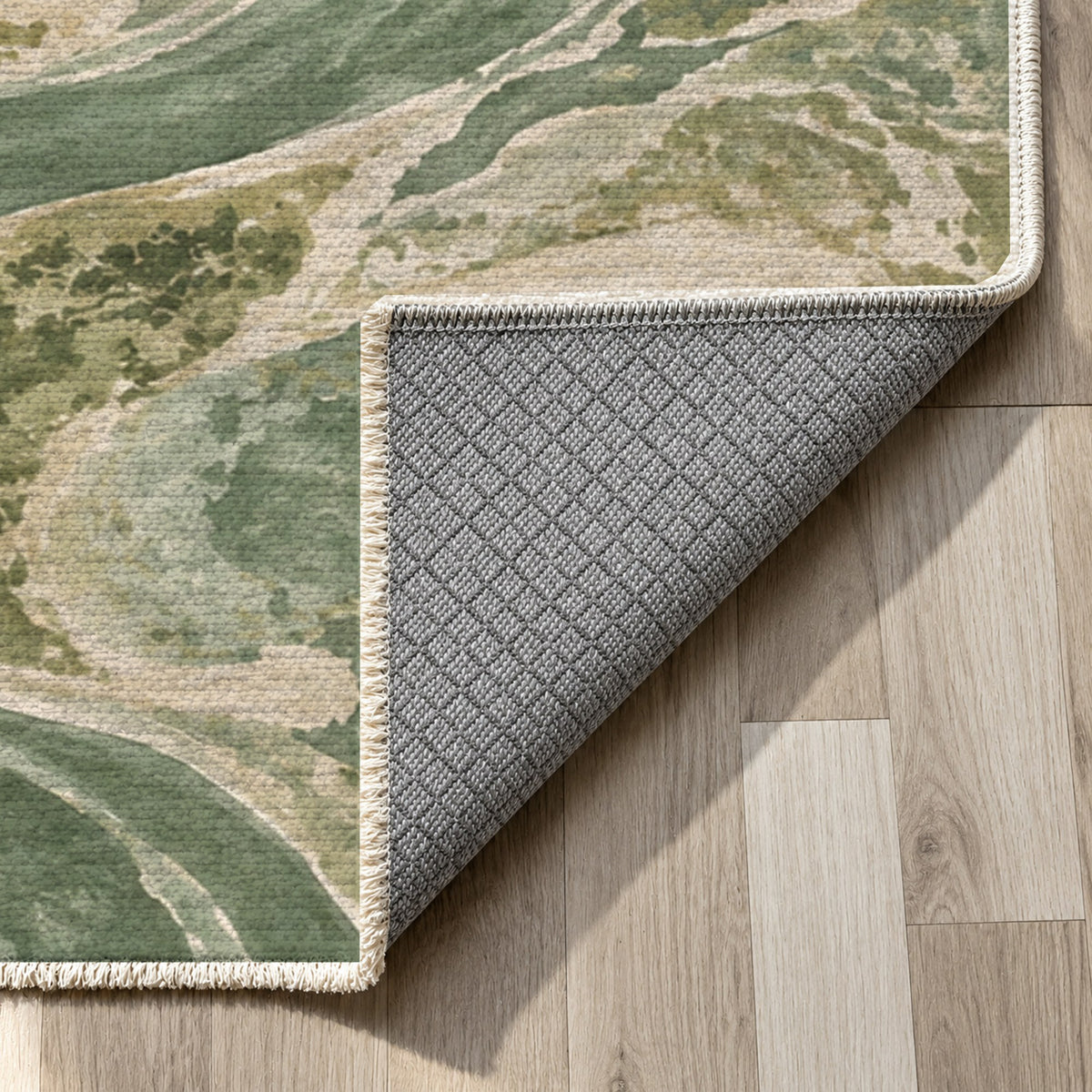 Ox Bow Lakes Sage Abstract Washable Rug — backing close up