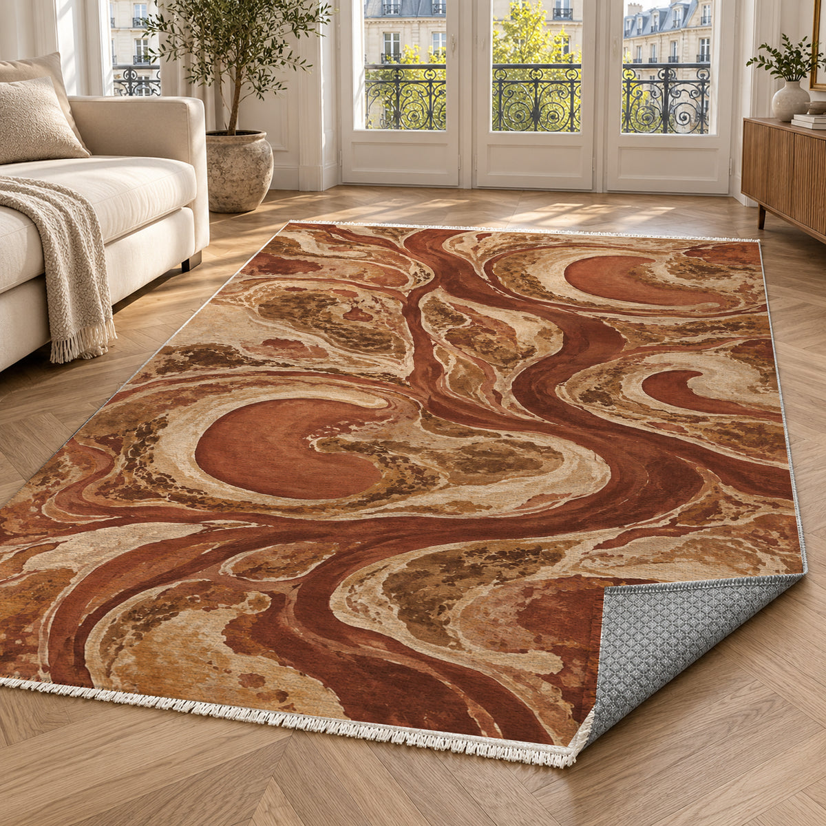 Ox Bow Lakes Terracotta Abstract Washable Rug — paris living