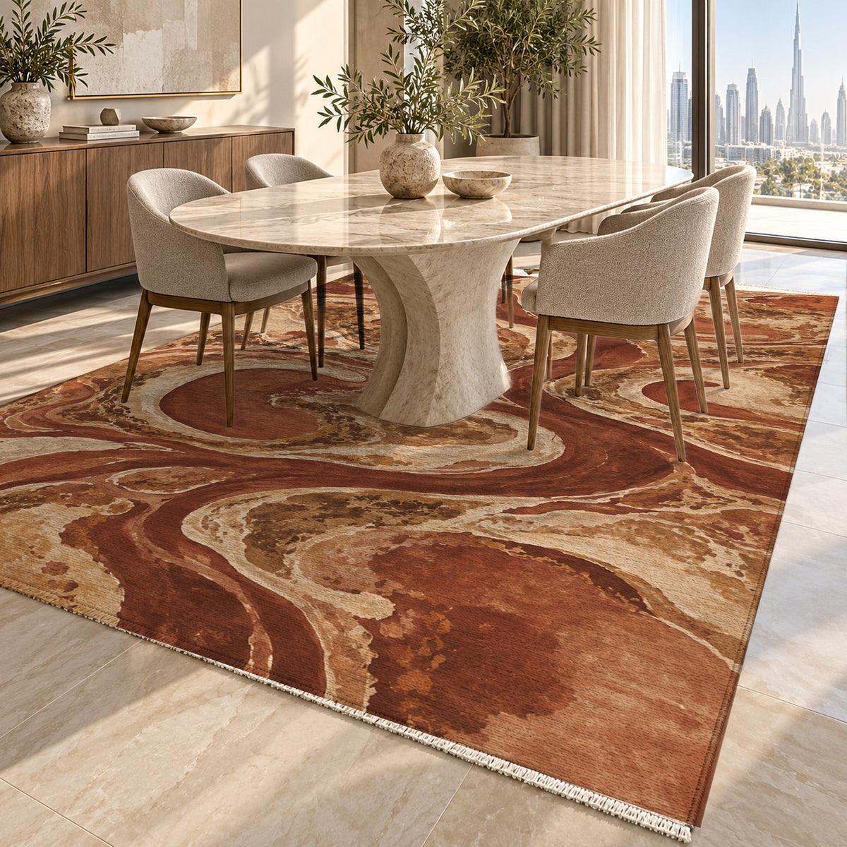 Ox Bow Lakes Terracotta Abstract Washable Rug — dubai dining