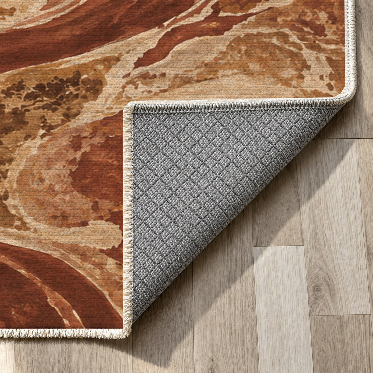 Ox Bow Lakes Terracotta Abstract Washable Rug — backing close up