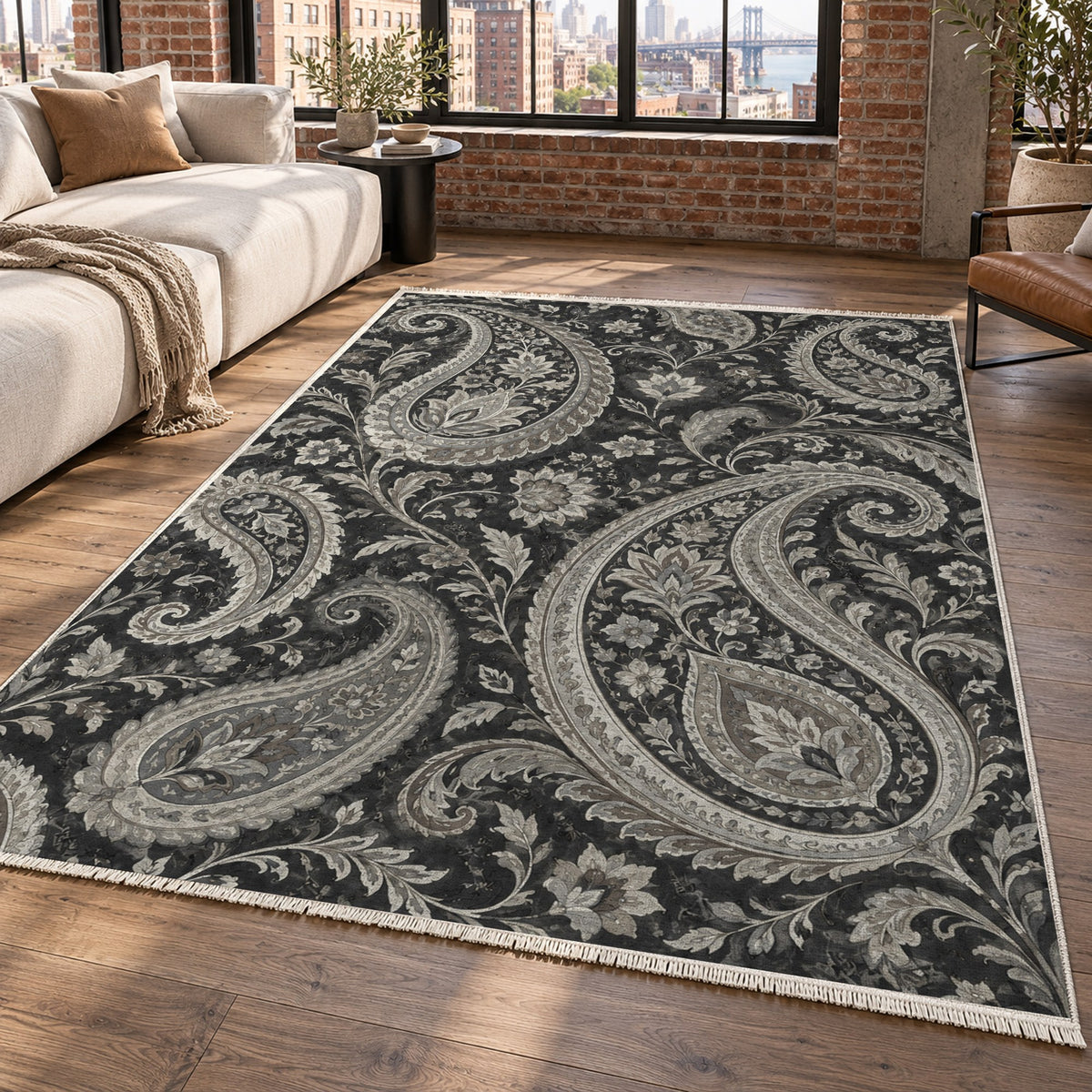 Paisley Wind Charcoal Ethnic Washable Rug — new york living