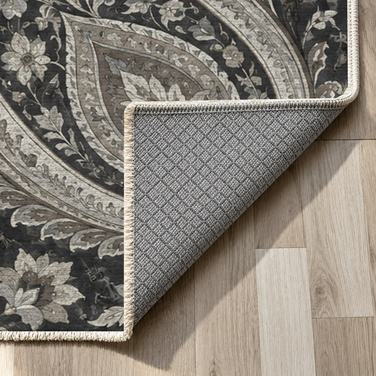 Paisley Wind Charcoal Ethnic Washable Rug — backing close up