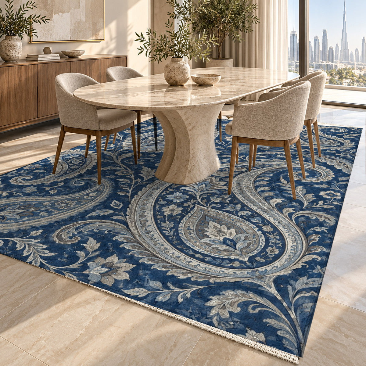 Paisley Wind Indigo Ethnic Washable Rug — dubai dining