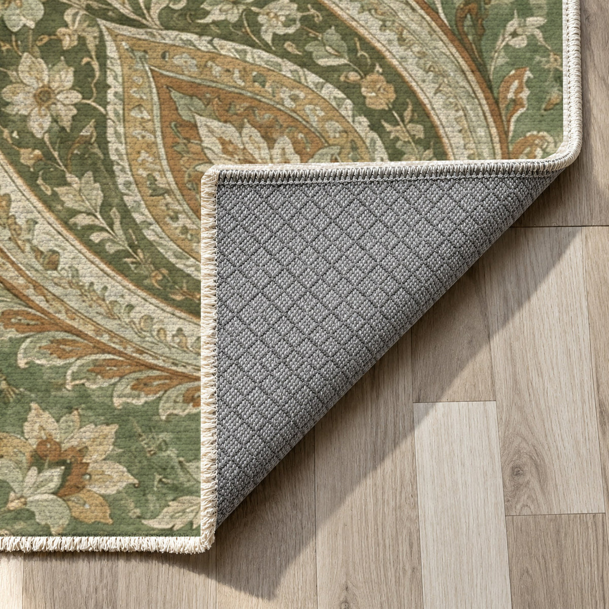 Paisley Wind Sage Ethnic Washable Rug — backing close up