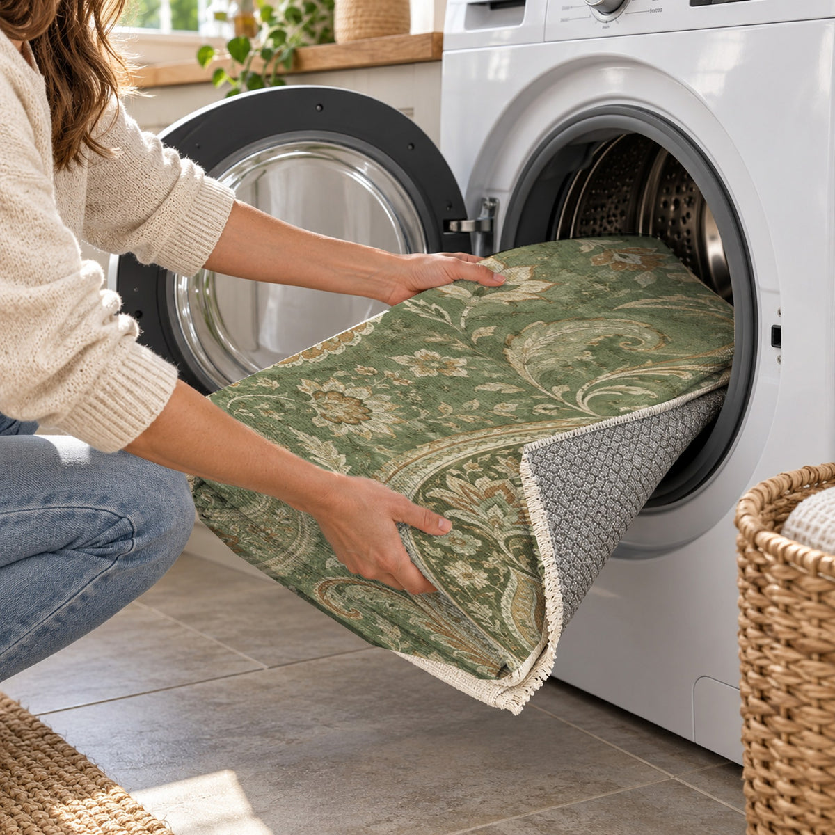 Paisley Wind Sage Ethnic Washable Rug — washing machine