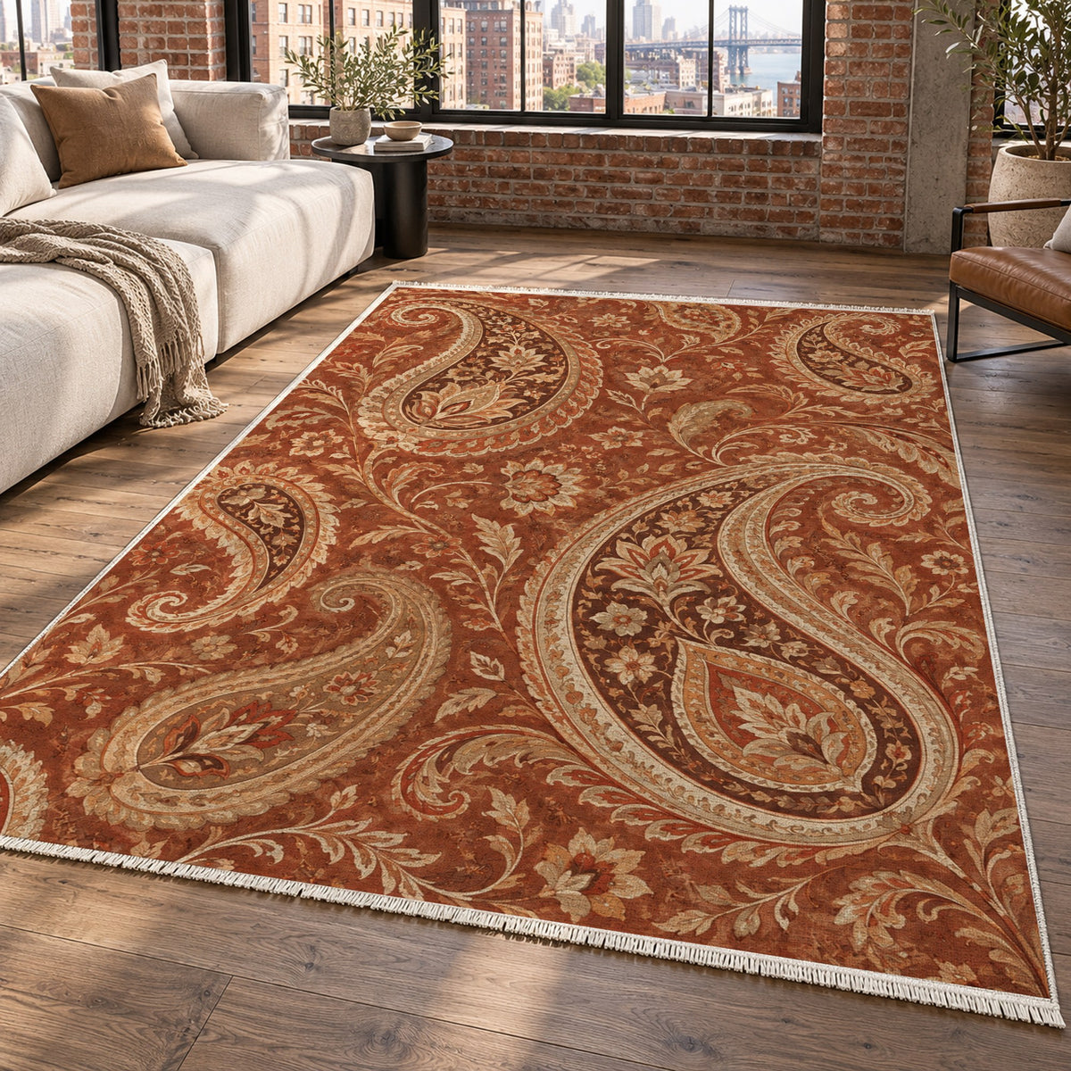 Paisley Wind Terracotta Ethnic Washable Rug — new york living