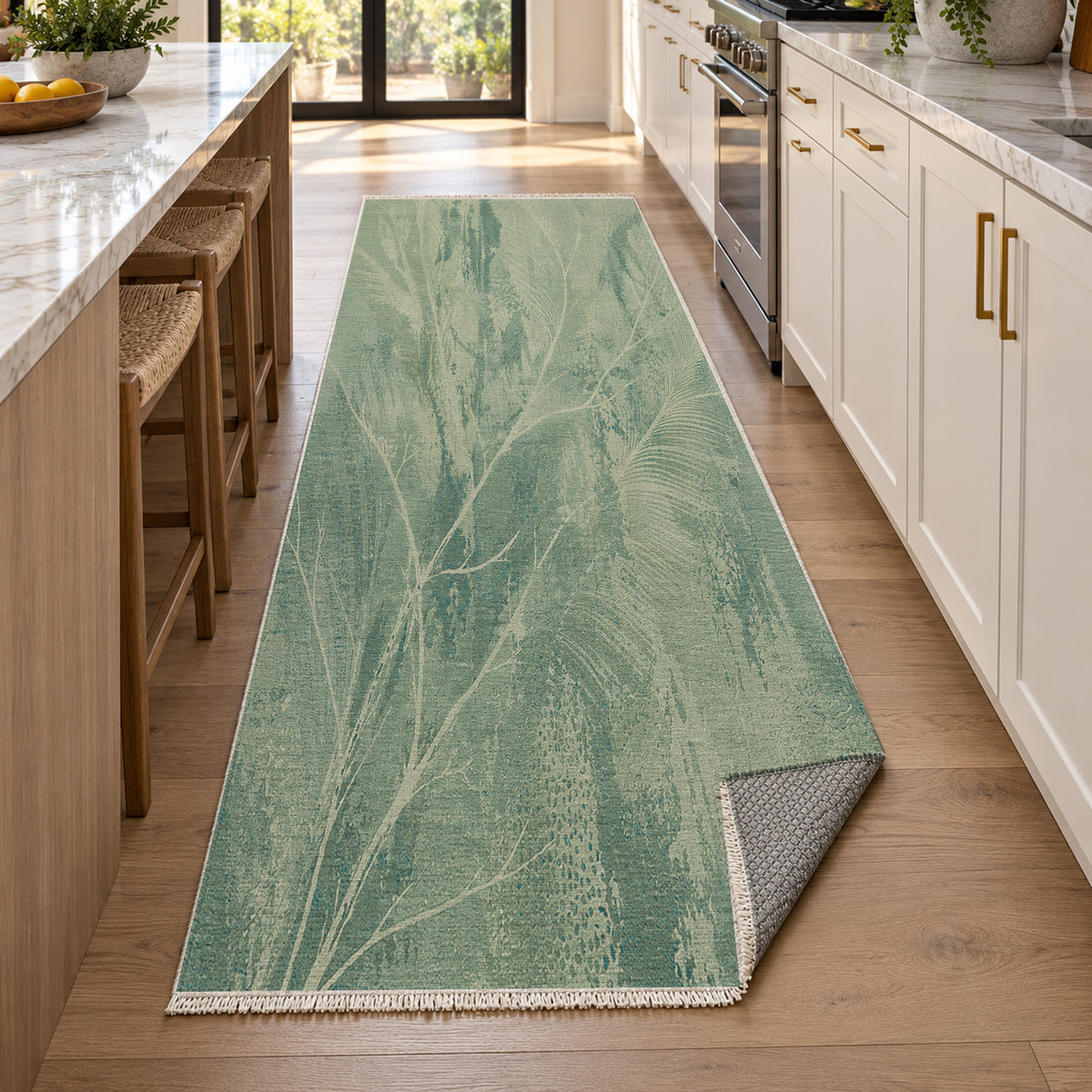 Pampas Aqua Abstract Washable Rug — new york kitchen runner