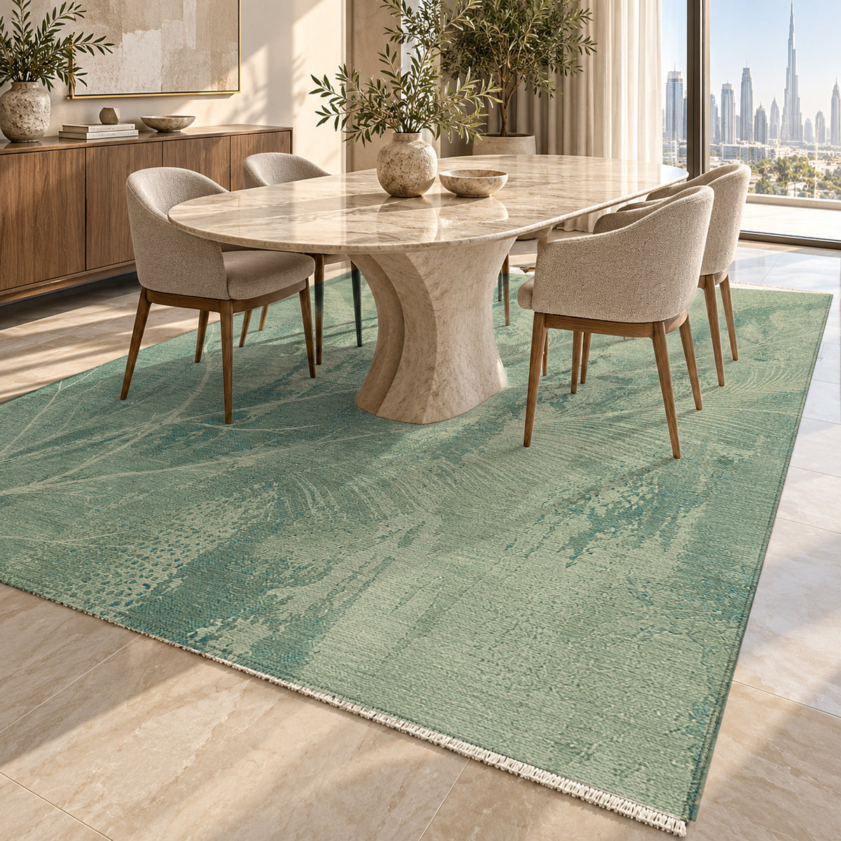Pampas Aqua Abstract Washable Rug — dubai dining