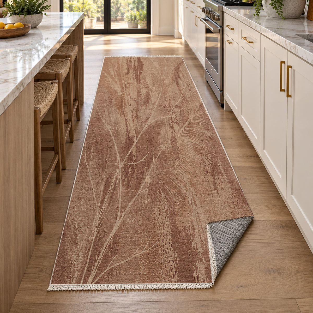 Pampas Terracotta Abstract Washable Rug — new york kitchen runner
