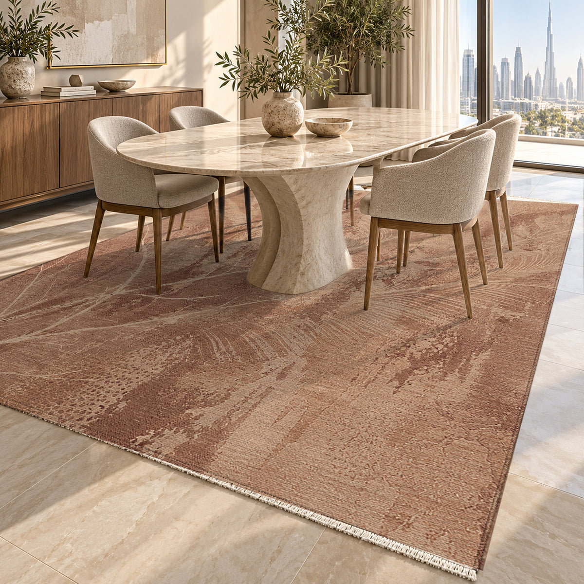Pampas Terracotta Abstract Washable Rug — dubai dining
