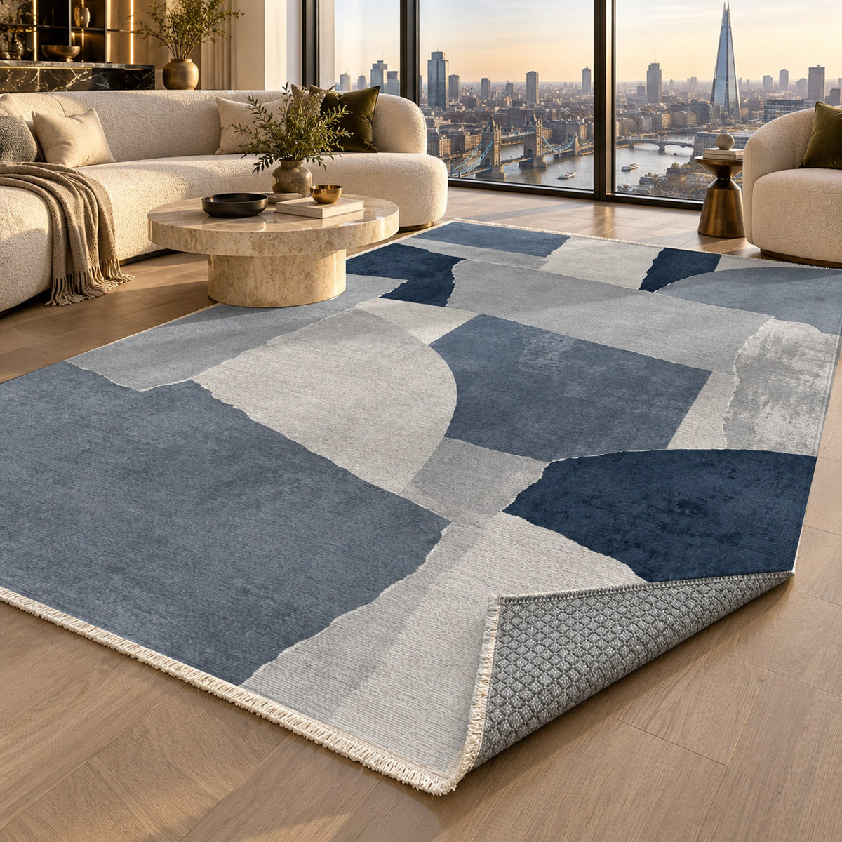 Paper Collage Blue Grey Modern Washable Rug — london luxury living