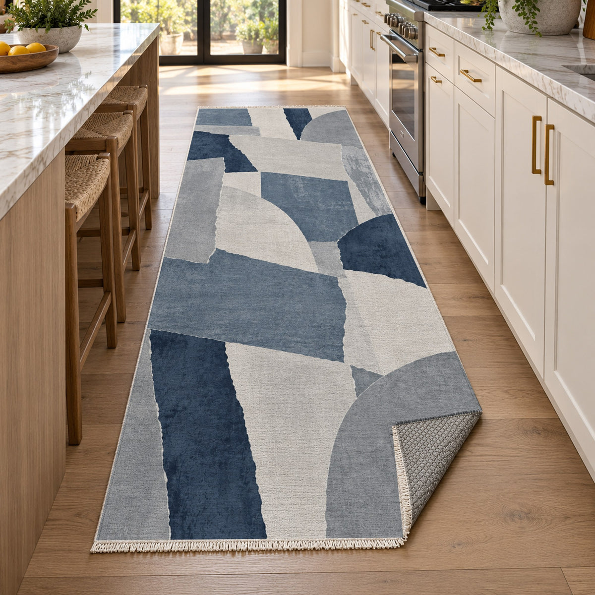 Paper Collage Blue Grey Modern Washable Rug — new york kitchen runner