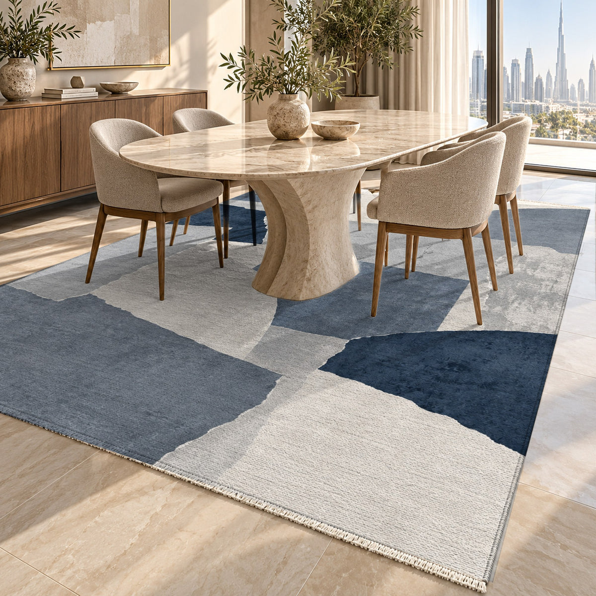 Paper Collage Blue Grey Modern Washable Rug — dubai dining