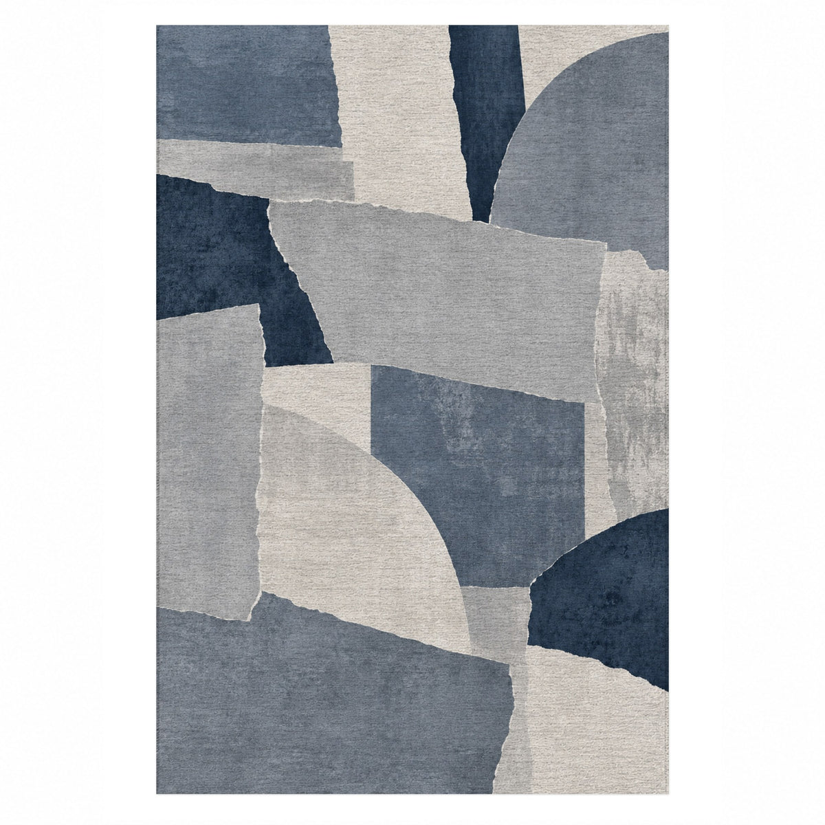 Paper Collage Blue Grey Modern Washable Rug — top view