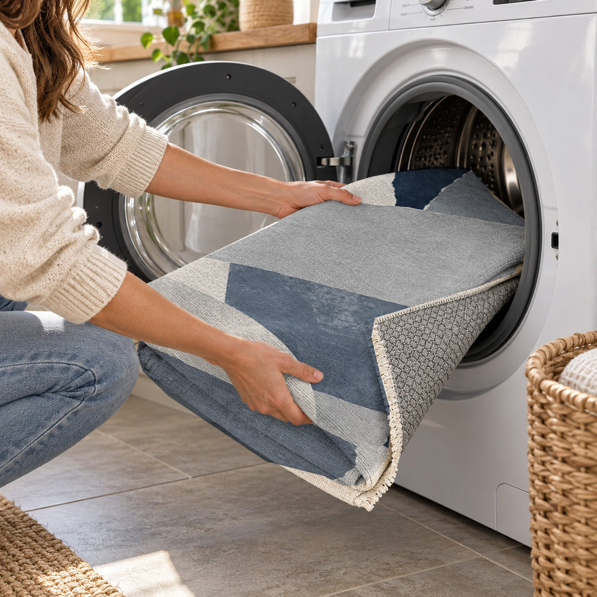 Paper Collage Blue Grey Modern Washable Rug — washing machine