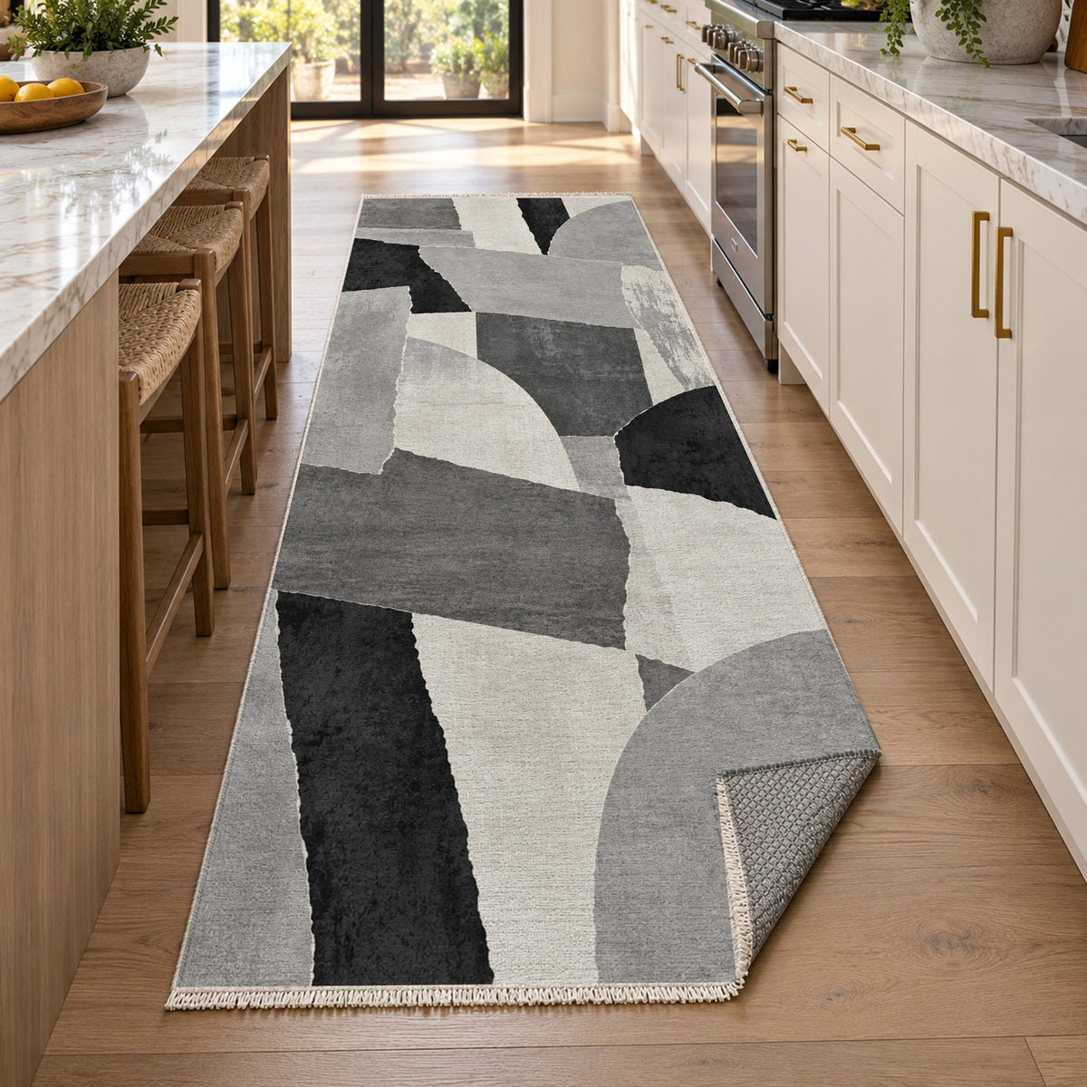 Paper Collage Charcoal Ivory Modern Washable Rug — new york kitchen runner
