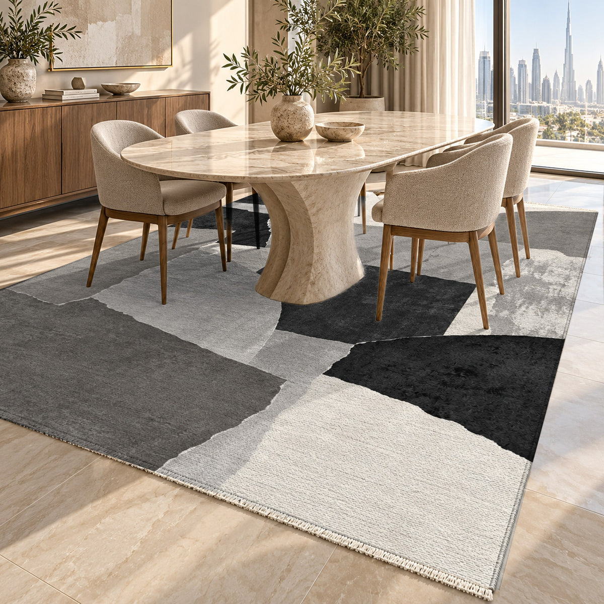 Paper Collage Charcoal Ivory Modern Washable Rug — dubai dining