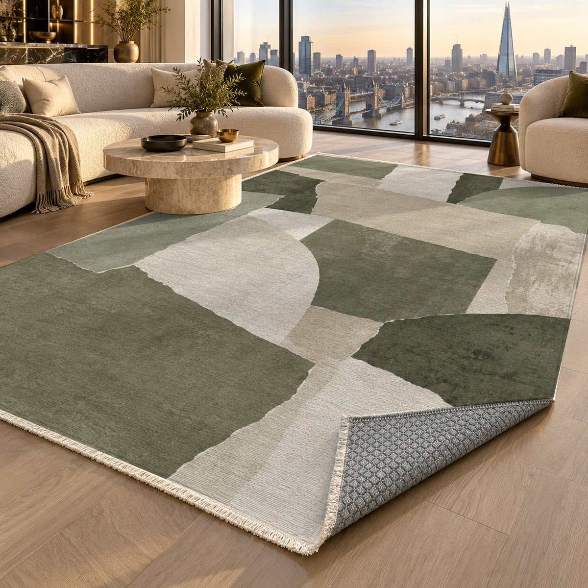 Paper Collage Sage Sand Modern Washable Rug — london luxury living