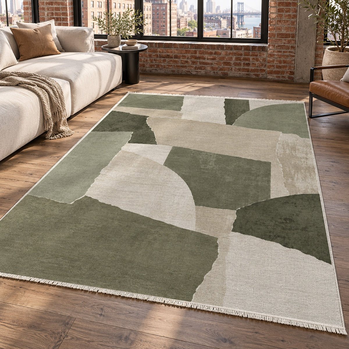 Paper Collage Sage Sand Modern Washable Rug — new york living