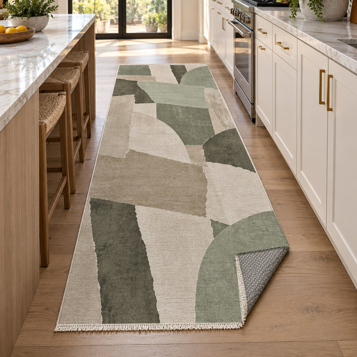 Paper Collage Sage Sand Modern Washable Rug — new york kitchen runner
