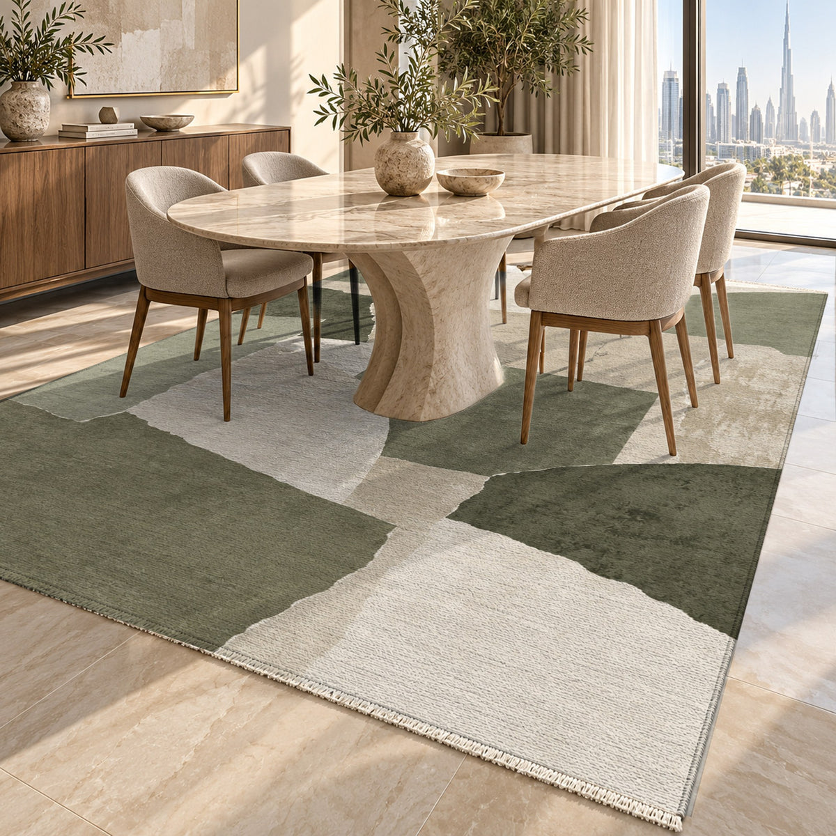Paper Collage Sage Sand Modern Washable Rug — dubai dining