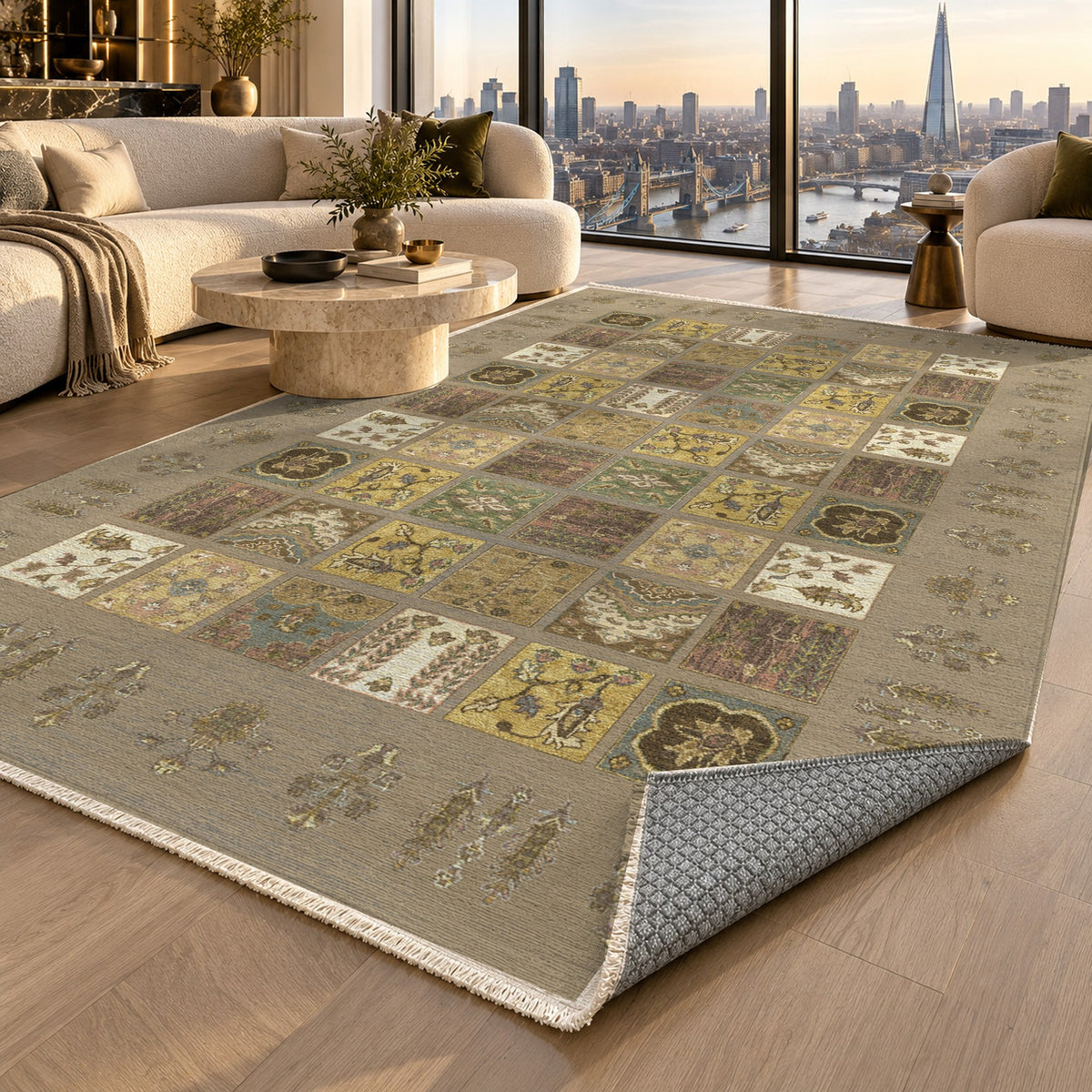 Patchwork Beige Ethnic Washable Rug — london luxury living